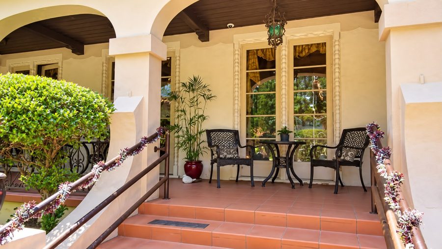 Shaded front porch with seating